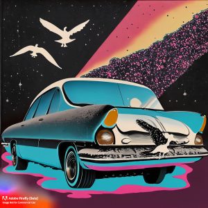Firefly_Abstract+Art collage from the 60s. Noir, Space, car, brilliance seagull_art_96183