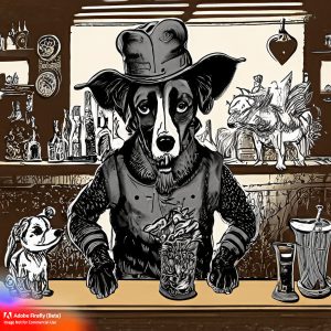 Firefly_A+few animals in a bar on the western frontier. The bartender is a dog._graphic,cartoon,stamp,line_drawing_3355