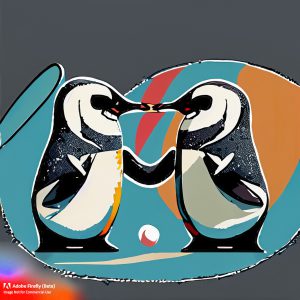 Firefly_An+abstract painting of penguins facing off in a ping-pong match._graphic,cartoon,stamp,line_drawing_52394
